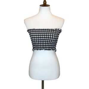 Black white gingham plaid scrunch ruffle crop top